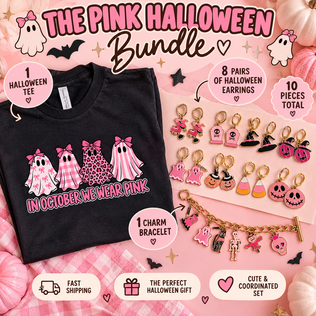 Pink Halloween Bundle – Graphic Tee, 8 Pairs of Halloween Earrings & Charm Bracelet | 10-Piece Spooky Season Gift Set
