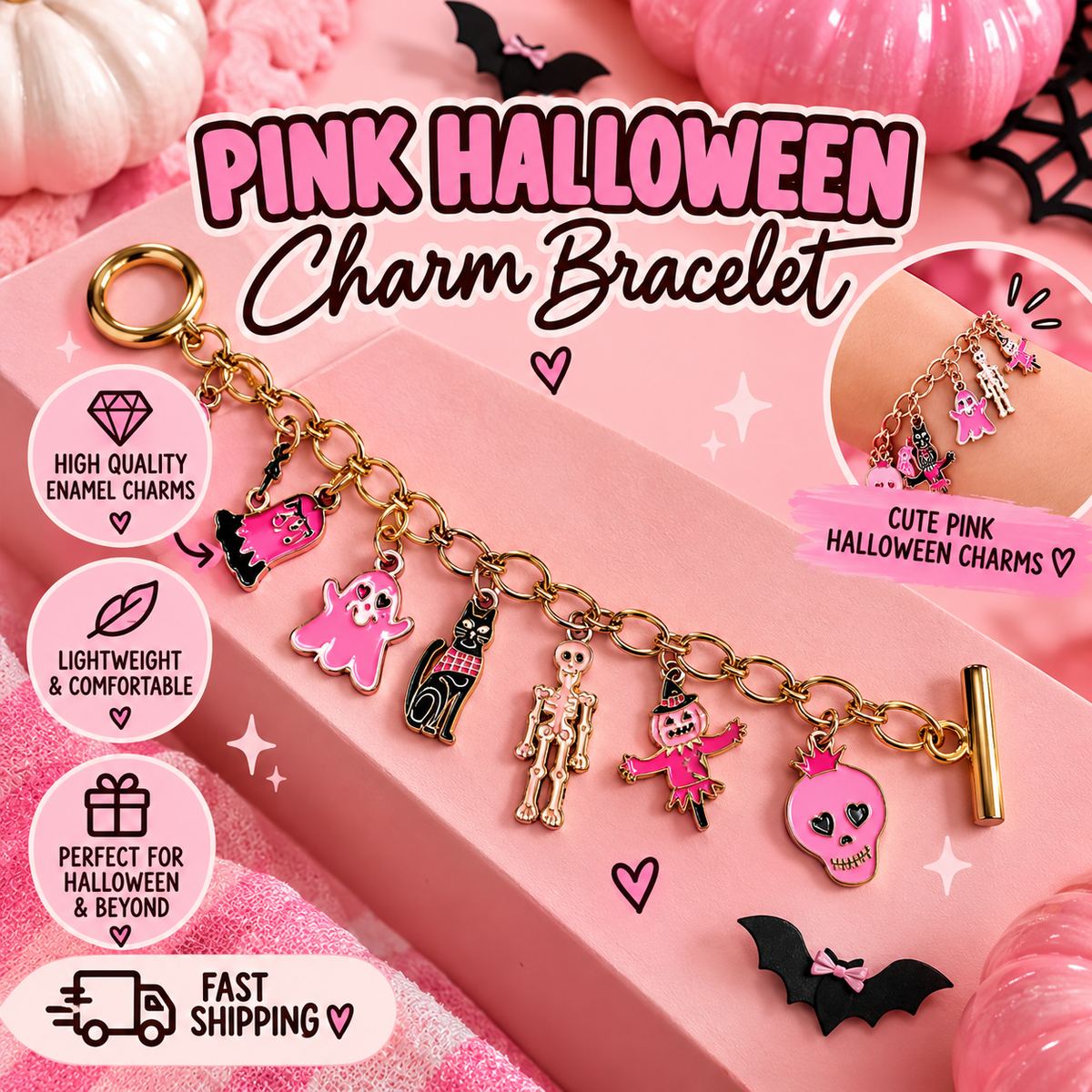 Pink Halloween Bundle – Graphic Tee, 8 Pairs of Halloween Earrings & Charm Bracelet | 10-Piece Spooky Season Gift Set