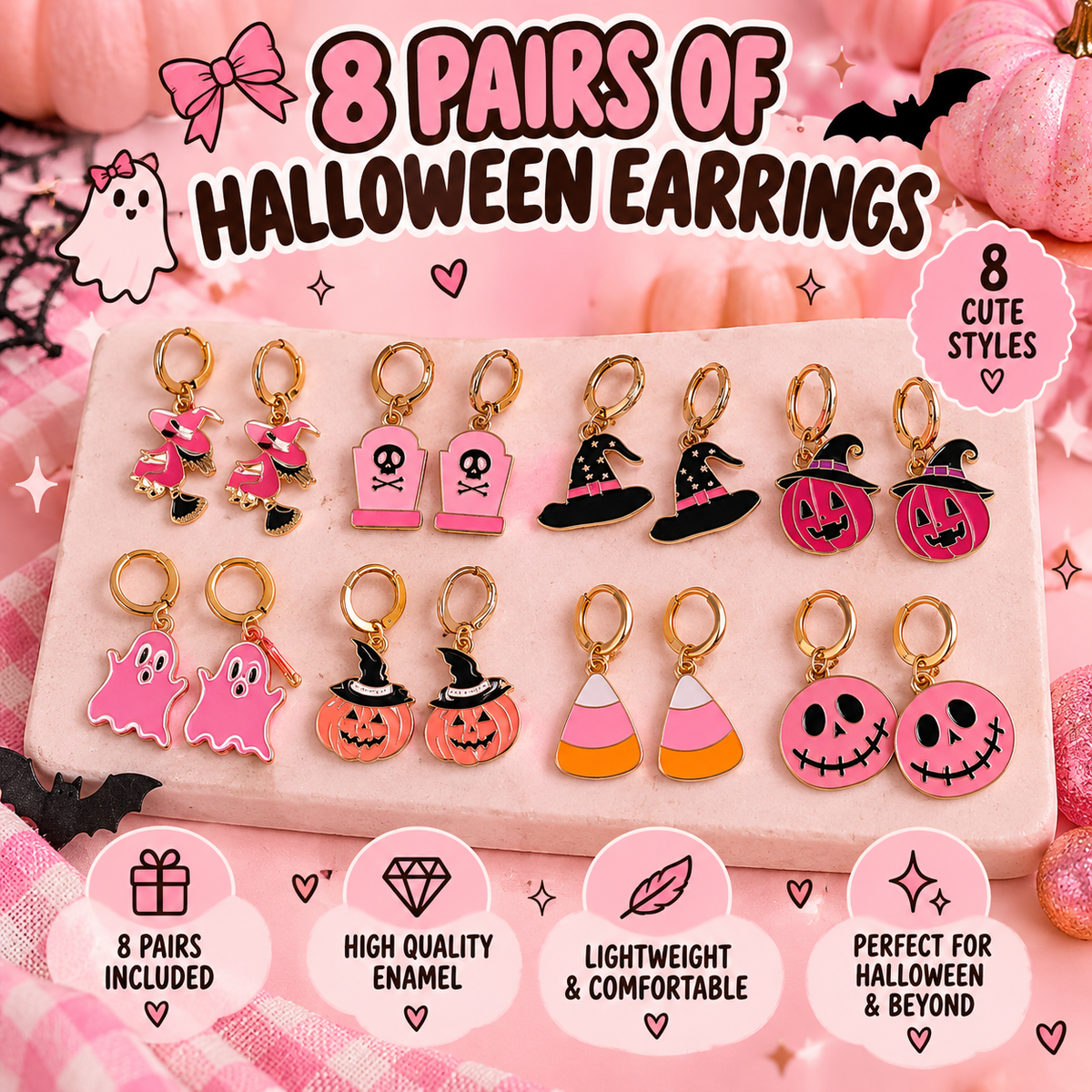 Pink Halloween Bundle – Graphic Tee, 8 Pairs of Halloween Earrings & Charm Bracelet | 10-Piece Spooky Season Gift Set