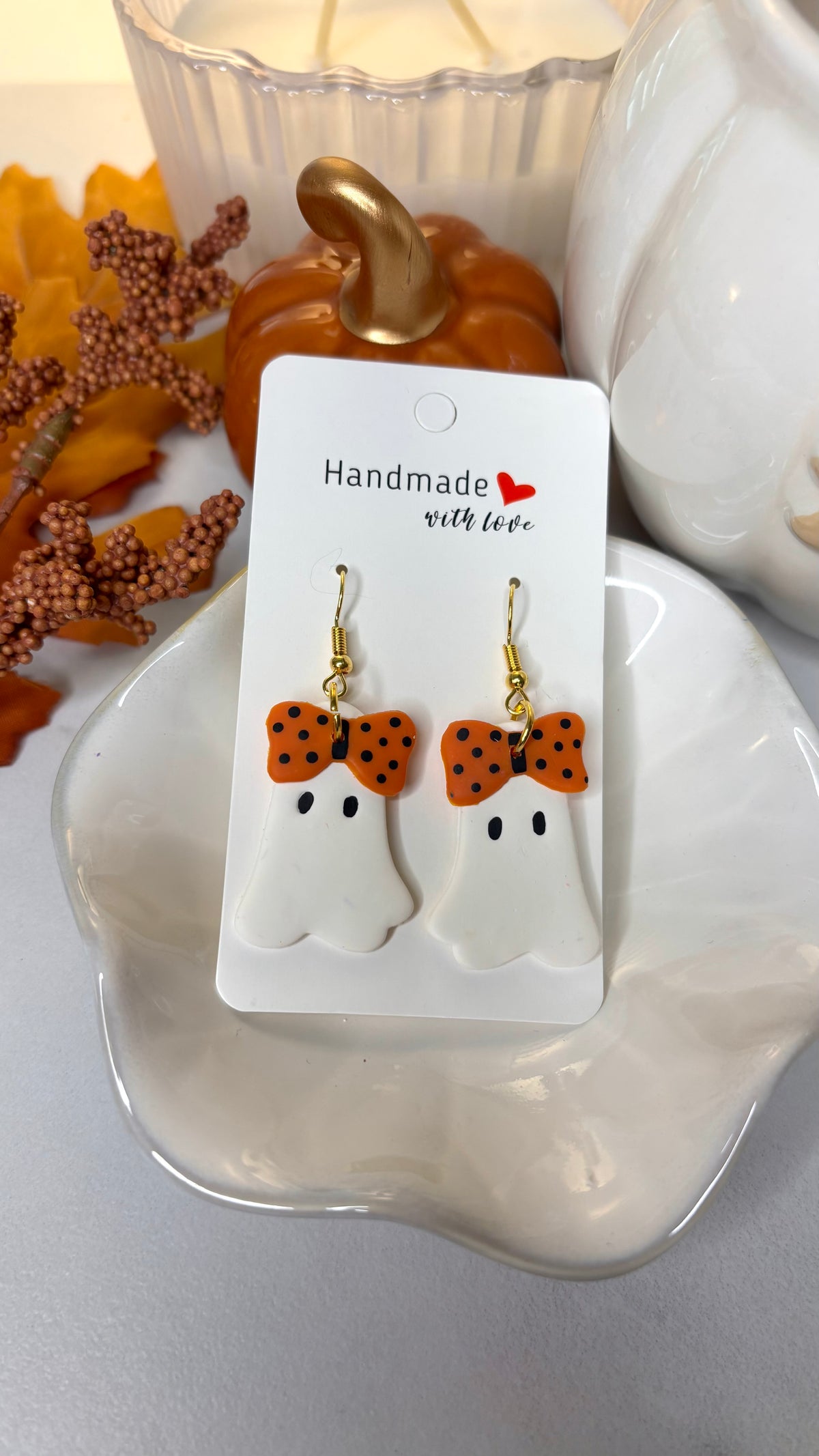 Halloween Ghost Bow Earrings | Handmade Polymer Clay Dangle Earrings