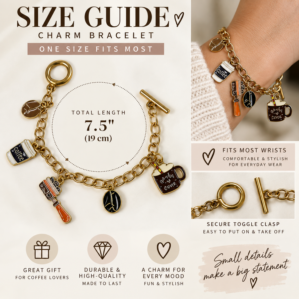 Coffee Lover Charm Bracelet for Women | Gold Coffee Cup Bracelet, Barista Gift & Coffee Lover Jewelry