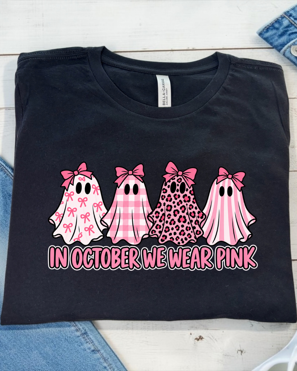 In October We Wear Pink Shirt | Breast Cancer Awareness Pink Ghost Halloween Tee