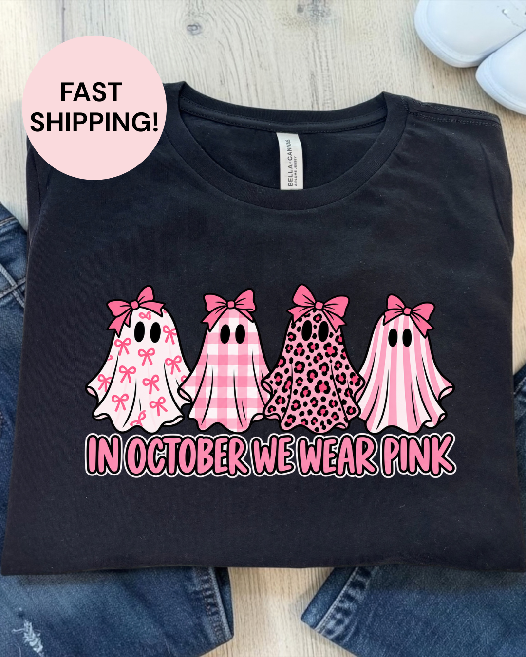 In October We Wear Pink Shirt | Breast Cancer Awareness Pink Ghost Halloween Tee